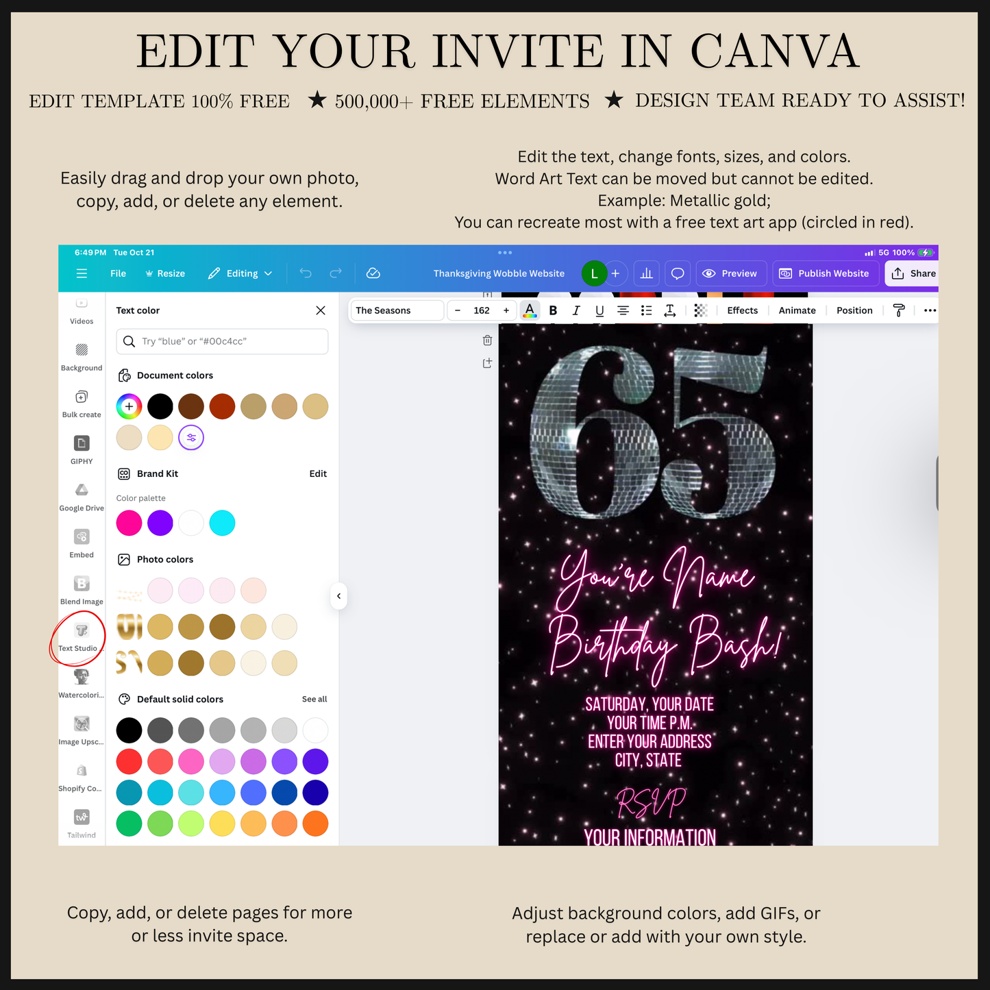65th Birthday Disco Video Invitation | Digital Retro Party Invite | Editable Canva Template