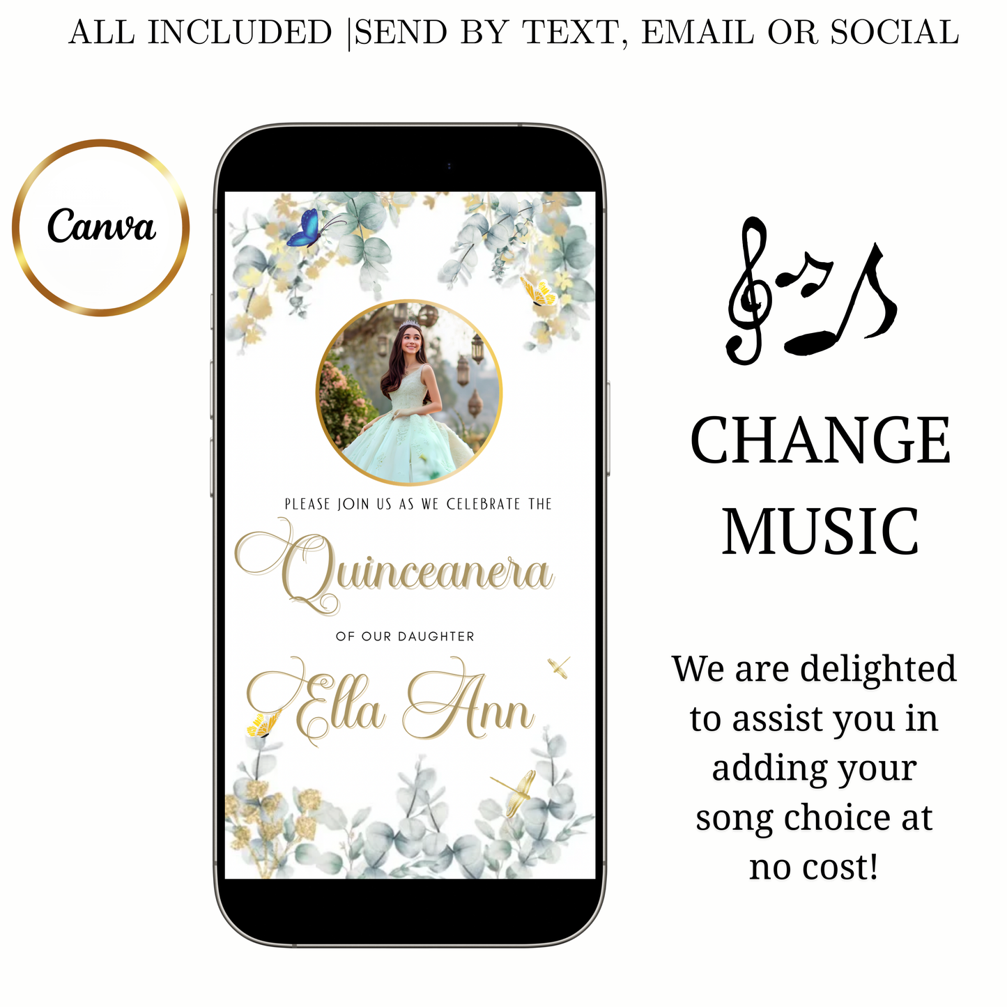 Quinceanera Video Invite | Editable Sweet 15 Birthday Sweet 16 Canva Evite Template
