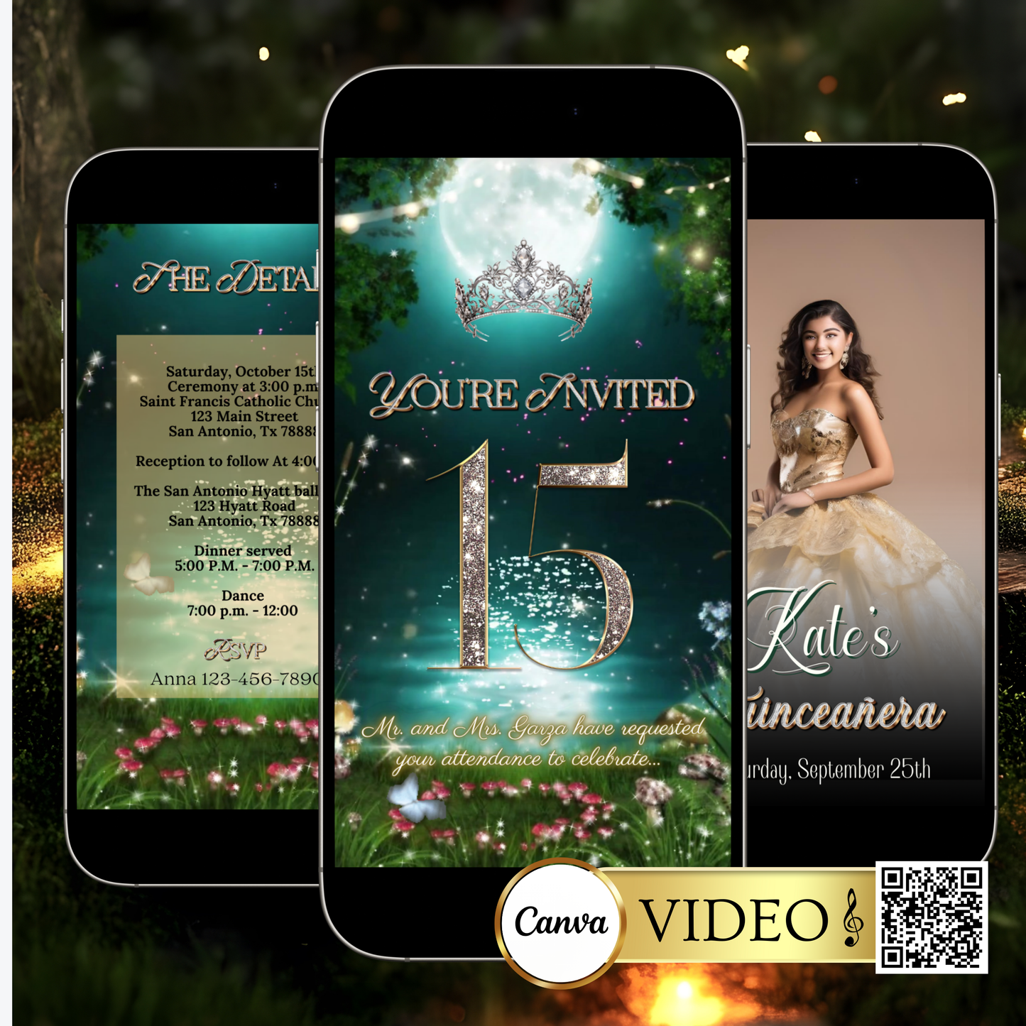 Quinceañera Video Invitation | Enchanted Forest Video Invite | Green Sweet 16 Evite | Editable Canva Template