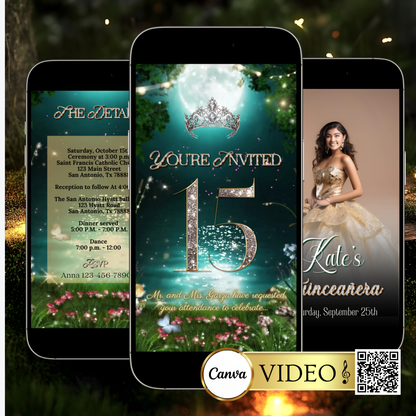 Quinceañera Video Invitation | Enchanted Forest Video Invite | Green Sweet 16 Evite | Editable Canva Template