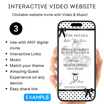 Graduation Party Video Invitation | White and Black Bow Graduation Invite for Her | Editable Online RSVP Evite Canva Template
