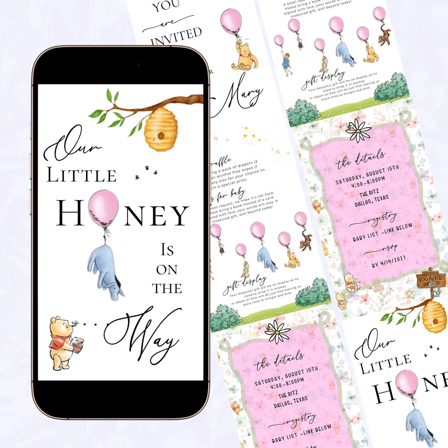 Winnie Puuh Babyparty-Videoeinladung | Rosa Babyparty-Einladung | Bearbeitbare Canva-Vorlage