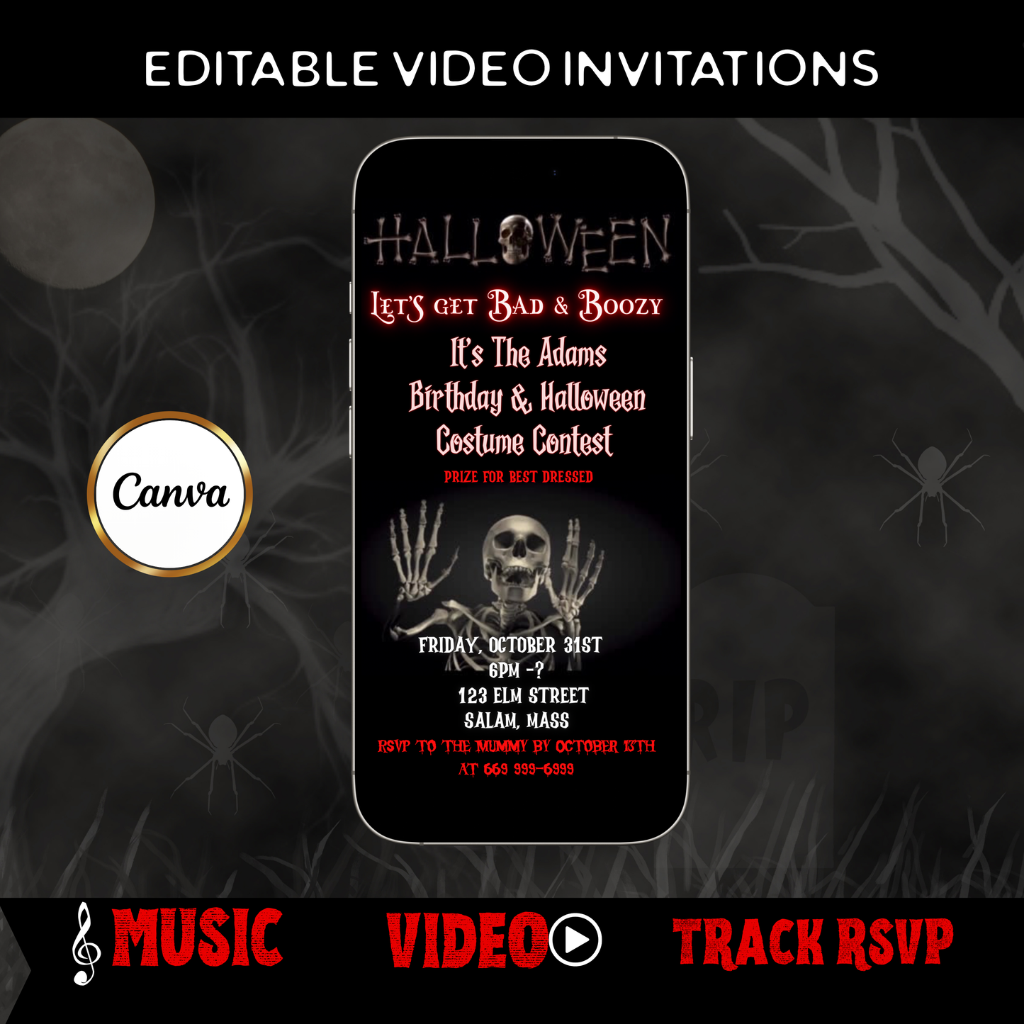 Halloween Video Invitation | Animated Halloween Digital Evite | Editable Canva Invite Template