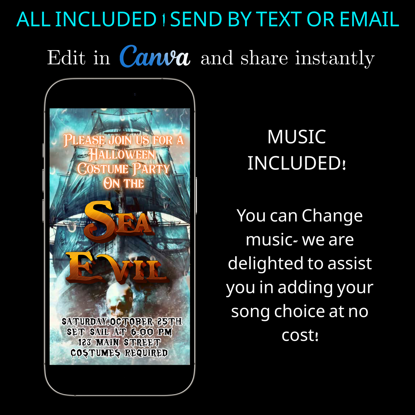 Halloween-Videoeinladung, animierte Einladung mit einem unheimlichen Seeschiff, bearbeitbare mobile Halloween-Partyeinladung