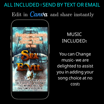 Halloween-Videoeinladung, animierte Einladung mit einem unheimlichen Seeschiff, bearbeitbare mobile Halloween-Partyeinladung