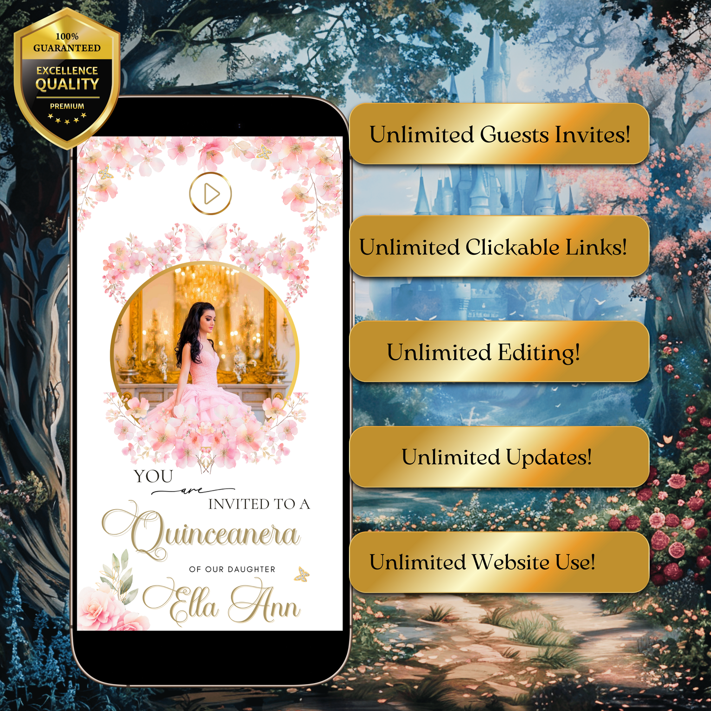 Pink Floral Quinceanera Website Invite |  Sweet 15 16 Evite RSVP Video Invitation | Canva Template