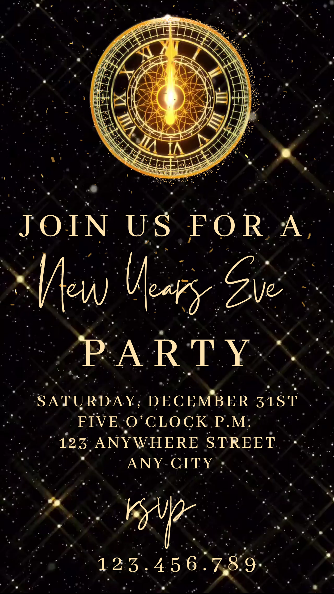 New Year's Eve video invitation with ticking clock design