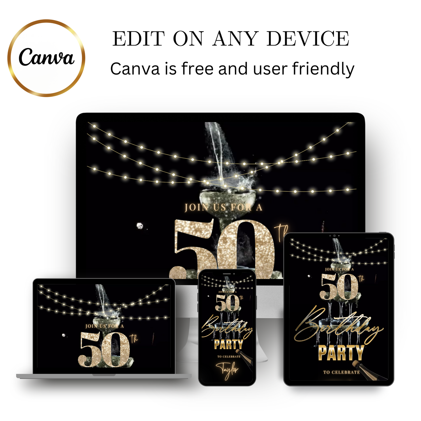 Editable black gold champagne tower 50th birthday video invitation displayed on a mobile phone, featuring an animated vertical digital invite with music, created in Canva. This premium video invitation template is designed for sharing by text, email, and social media and works with an interactive RSVP website for easy guest response tracking.