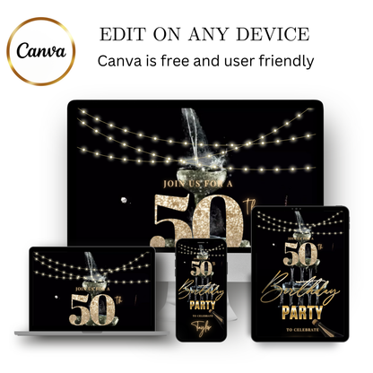 Editable black gold champagne tower 50th birthday video invitation displayed on a mobile phone, featuring an animated vertical digital invite with music, created in Canva. This premium video invitation template is designed for sharing by text, email, and social media and works with an interactive RSVP website for easy guest response tracking.