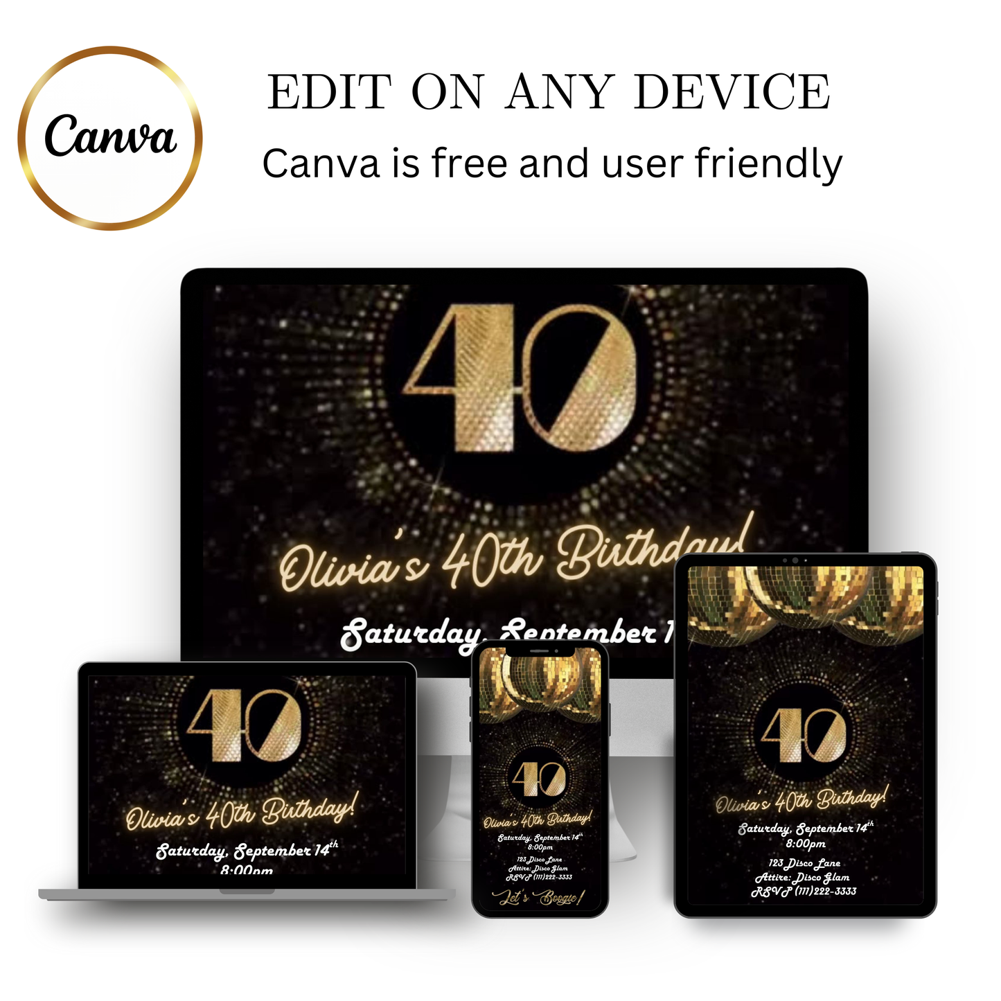 Editable black gold studio 40th birthday video invitation displayed on a mobile phone, featuring an animated vertical digital invite with music, created in Canva. This premium video invitation template is designed for sharing by text, email, and social media and works with an interactive RSVP website for easy guest response tracking.