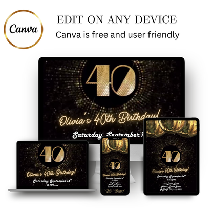 Editable black gold studio 40th birthday video invitation displayed on a mobile phone, featuring an animated vertical digital invite with music, created in Canva. This premium video invitation template is designed for sharing by text, email, and social media and works with an interactive RSVP website for easy guest response tracking.