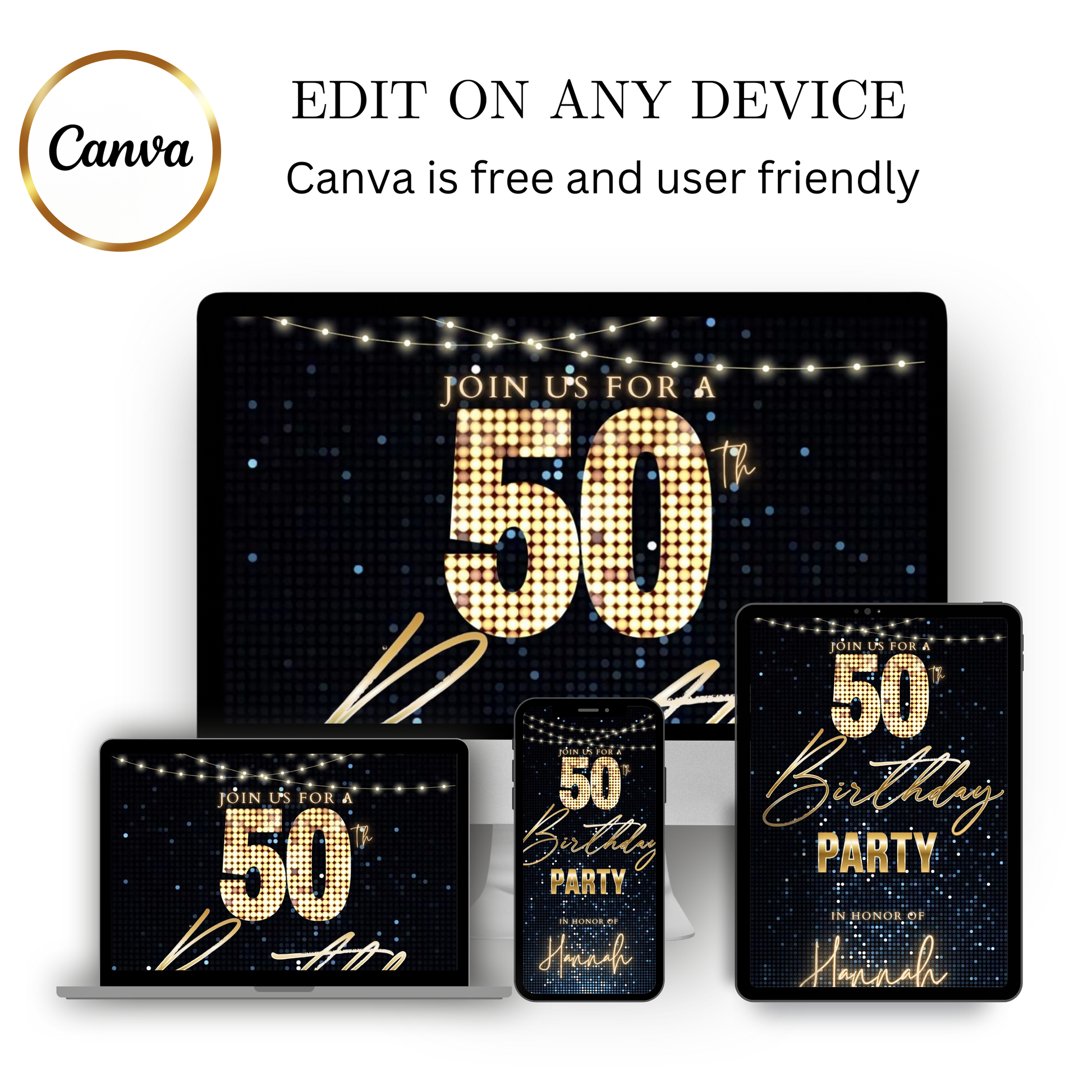Editable gold stars 50th birthday party video invitation displayed on a mobile phone, featuring an animated vertical digital invite with music, created in Canva. This premium video invitation template is designed for sharing by text, email, and social media and works with an interactive RSVP website for easy guest response tracking.
