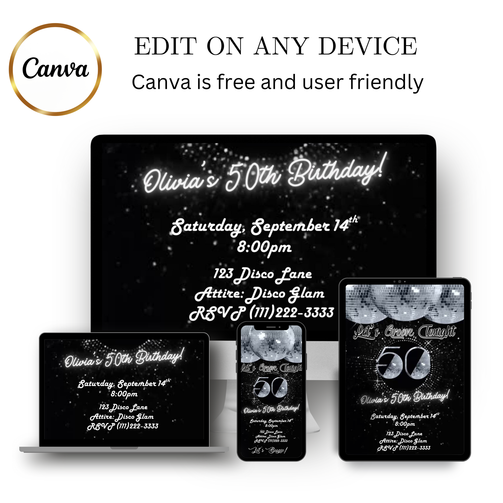 Editable disco silver 50th birthday video invitation displayed on a mobile phone, featuring an animated vertical digital invite with music, created in Canva. This premium video invitation template is designed for sharing by text, email, and social media and works with an interactive RSVP website for easy guest response tracking.