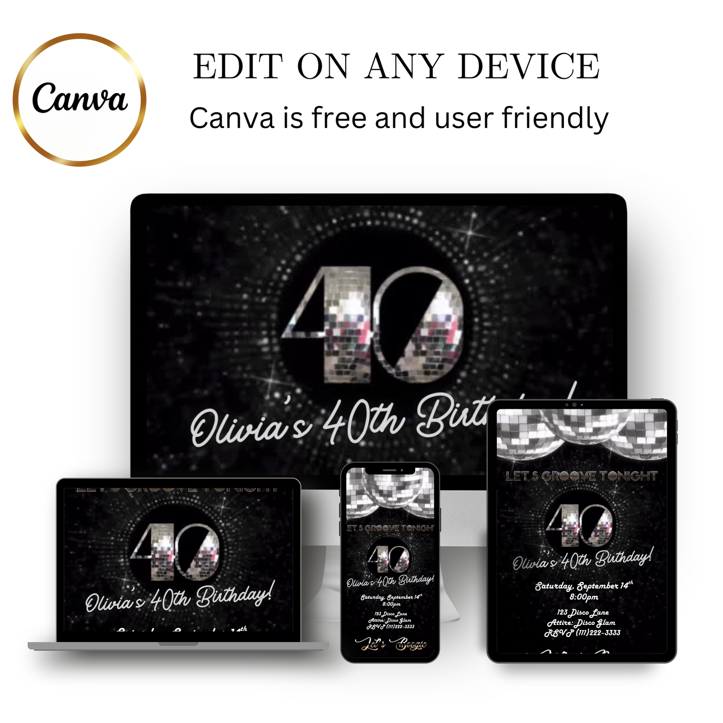 Editable disco silver 40th birthday video invitation displayed on a mobile phone, featuring an animated vertical digital invite with music, created in Canva. This premium video invitation template is designed for sharing by text, email, and social media and works with an interactive RSVP website for easy guest response tracking.