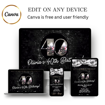 Editable disco silver 40th birthday video invitation displayed on a mobile phone, featuring an animated vertical digital invite with music, created in Canva. This premium video invitation template is designed for sharing by text, email, and social media and works with an interactive RSVP website for easy guest response tracking.
