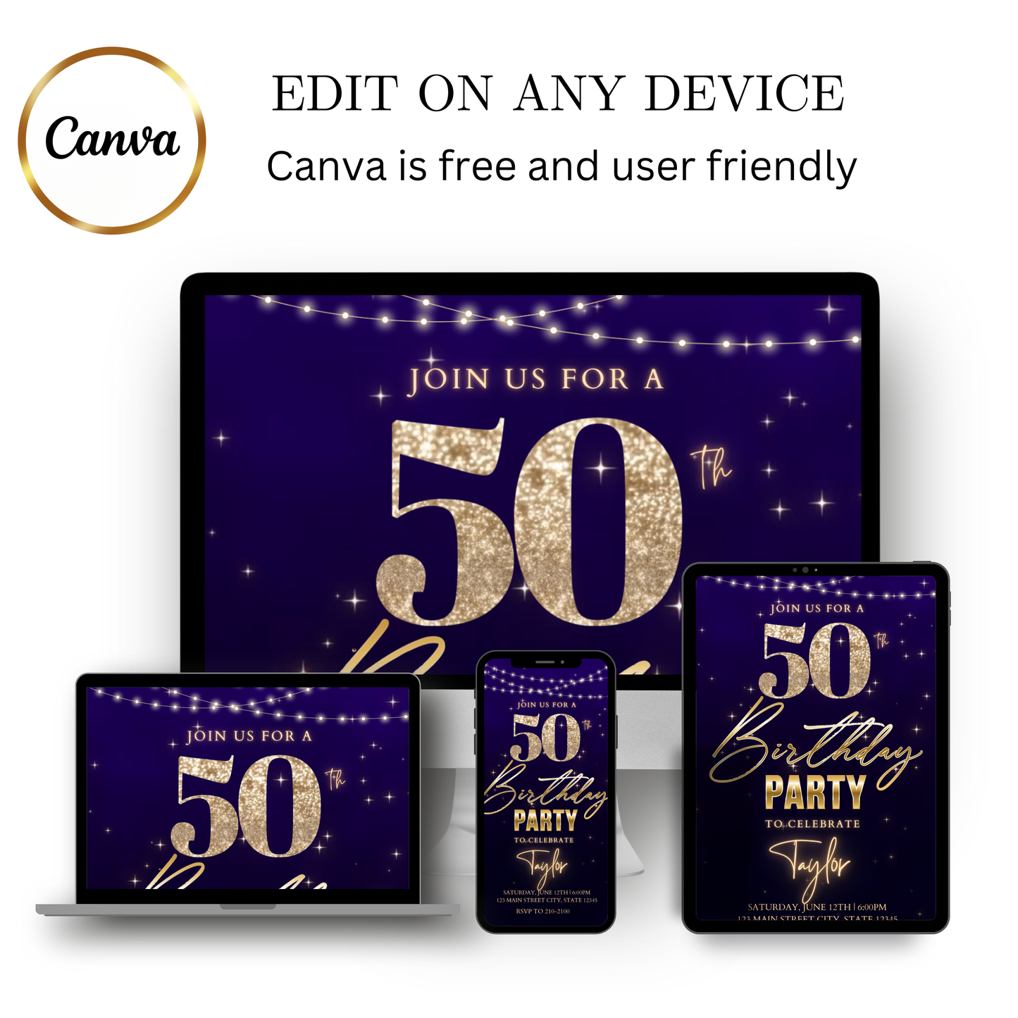 Editable purple gold glam 50th birthday video invitation displayed on a mobile phone, featuring an animated vertical digital invite with music, created in Canva. This premium video invitation template is designed for sharing by text, email, and social media and works with an interactive RSVP website for easy guest response tracking.