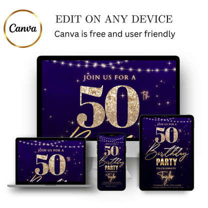Editable purple gold glam 50th birthday video invitation displayed on a mobile phone, featuring an animated vertical digital invite with music, created in Canva. This premium video invitation template is designed for sharing by text, email, and social media and works with an interactive RSVP website for easy guest response tracking.