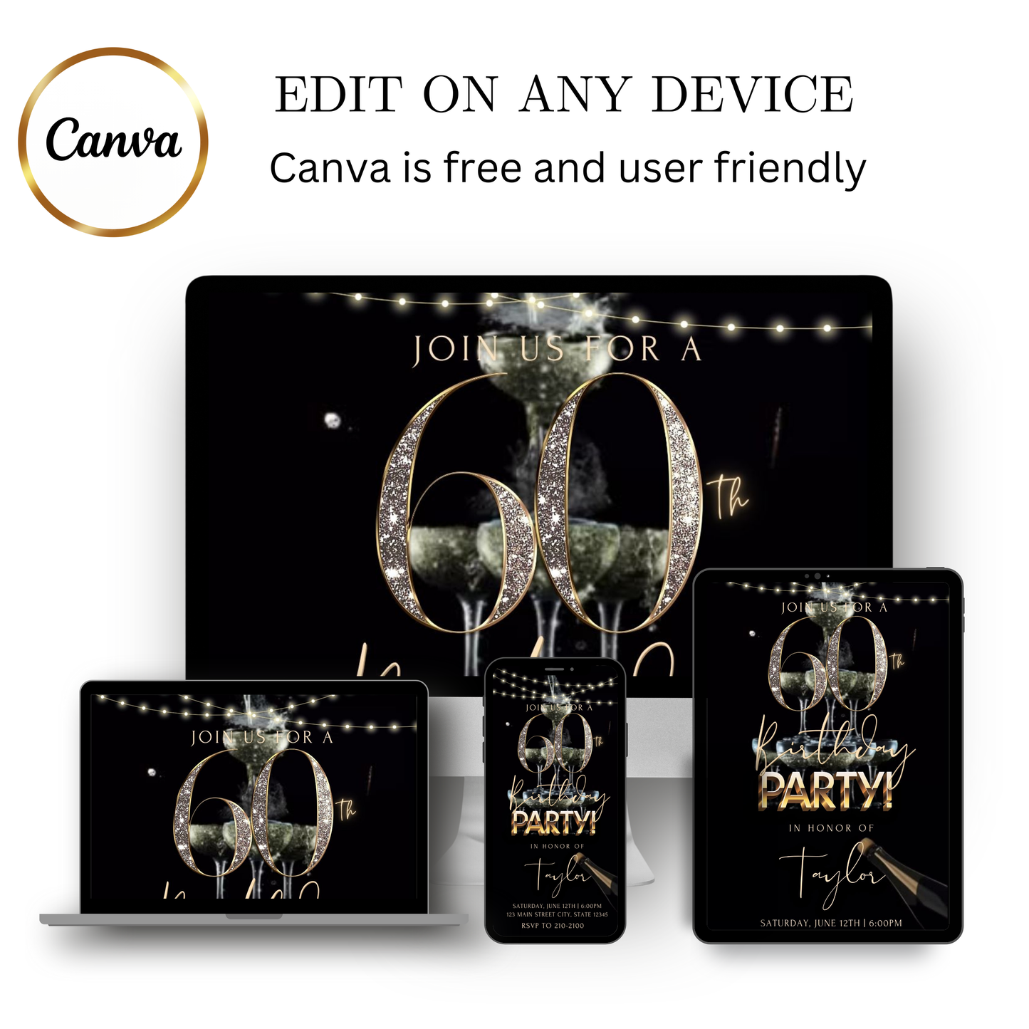 Editable black gold champagne 60th birthday video invitation displayed on a mobile phone, featuring an animated vertical digital invite with music, created in Canva. This premium video invitation template is designed for sharing by text, email, and social media and works with an interactive RSVP website for easy guest response tracking.