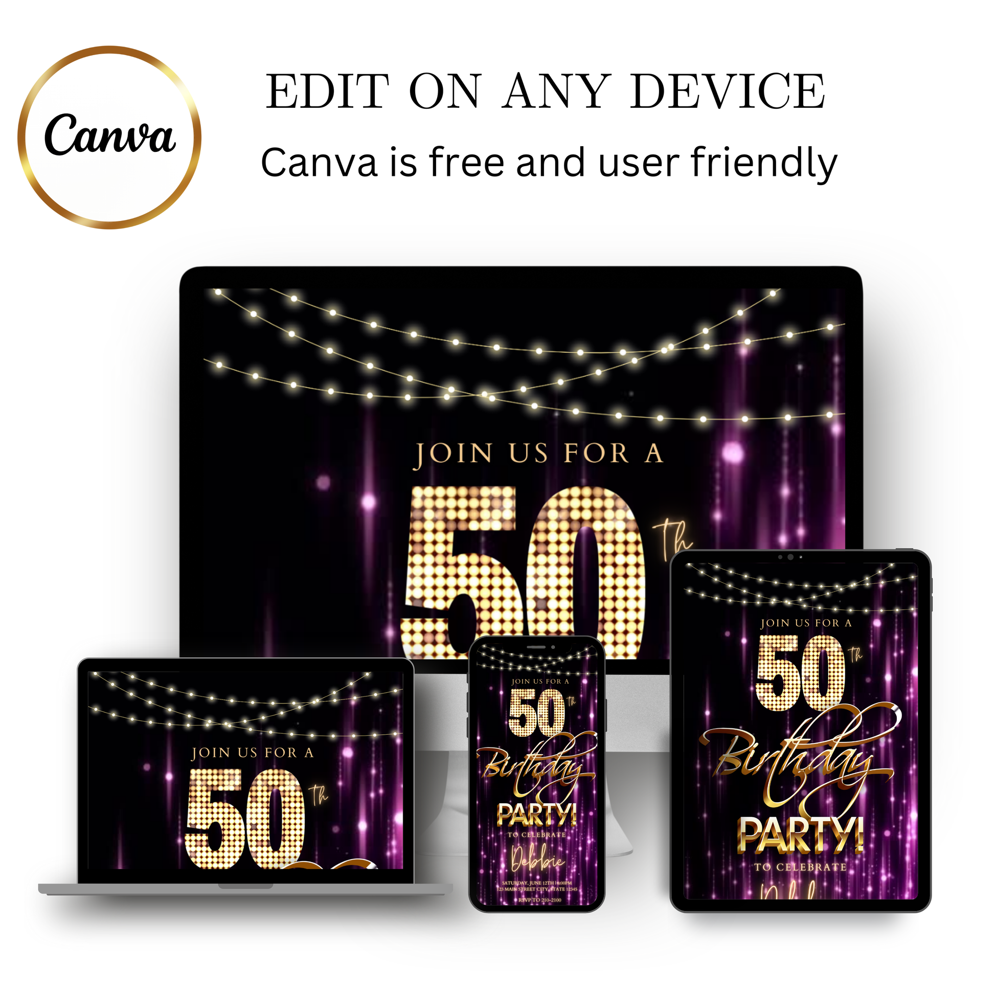 Editable purple gold glam 50th birthday party video invitation displayed on a mobile phone, featuring an animated vertical digital invite with music, created in Canva. This premium video invitation template is designed for sharing by text, email, and social media and works with an interactive RSVP website for easy guest response tracking.