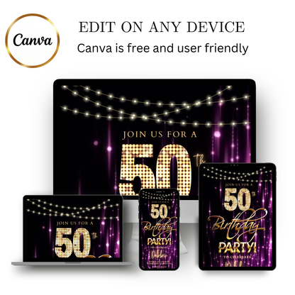 Editable purple gold glam 50th birthday party video invitation displayed on a mobile phone, featuring an animated vertical digital invite with music, created in Canva. This premium video invitation template is designed for sharing by text, email, and social media and works with an interactive RSVP website for easy guest response tracking.