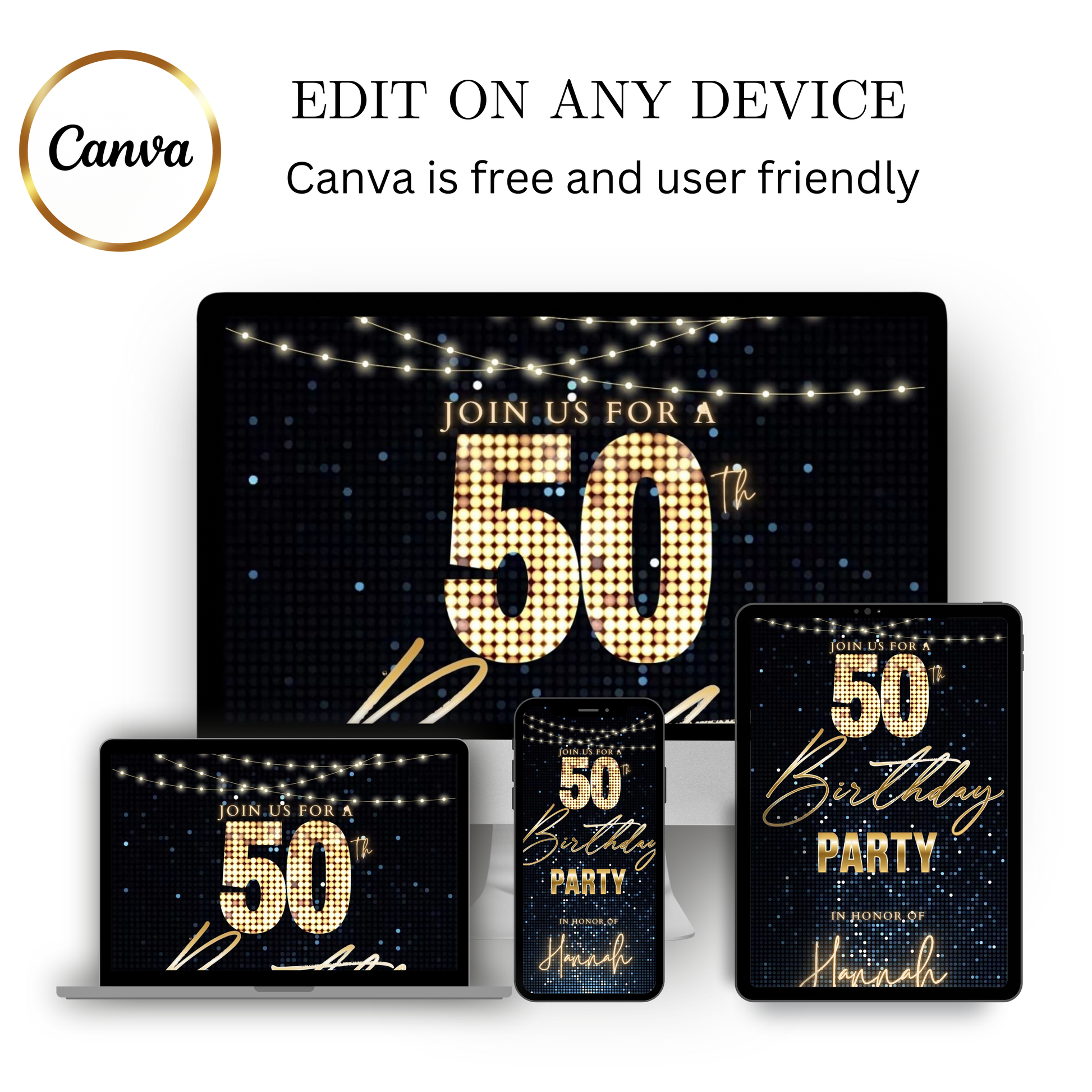 Editable blue sequin 50th birthday video invitation displayed on a mobile phone, featuring an animated vertical digital invite with music, created in Canva. This premium video invitation template is designed for sharing by text, email, and social media and works with an interactive RSVP website for easy guest response tracking.