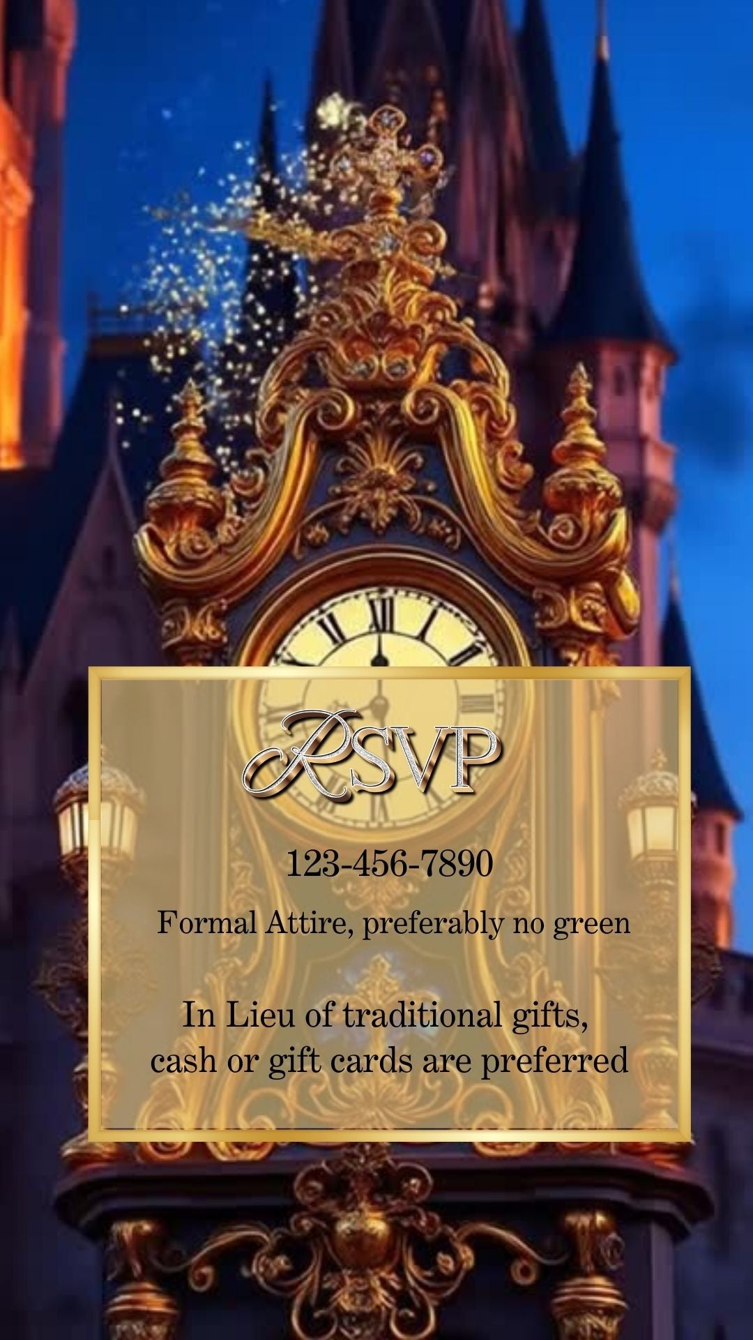 Editable beauty and the beast fairytale quinceañera event video invitation displayed on a mobile phone, featuring an animated vertical digital invite with music, created in Canva. This premium video invitation template is designed for sharing by text, email, and social media and works with an interactive RSVP website for easy guest response tracking.