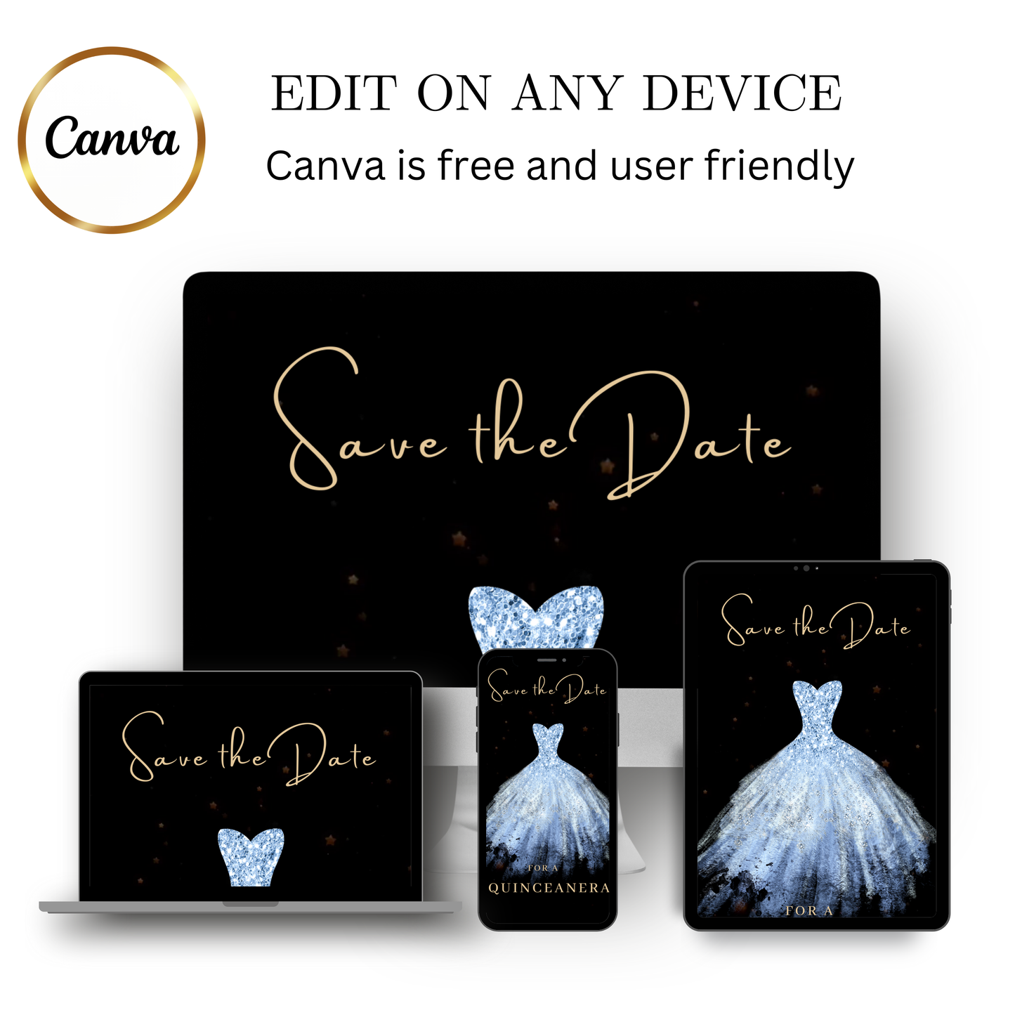 Editable light blue sparkly dress Quinceañera video invitation displayed on a mobile phone, featuring an animated vertical digital invite with music, created in Canva. This premium video invitation template is designed for sharing by text, email, and social media and works with an interactive RSVP website for easy guest response tracking.