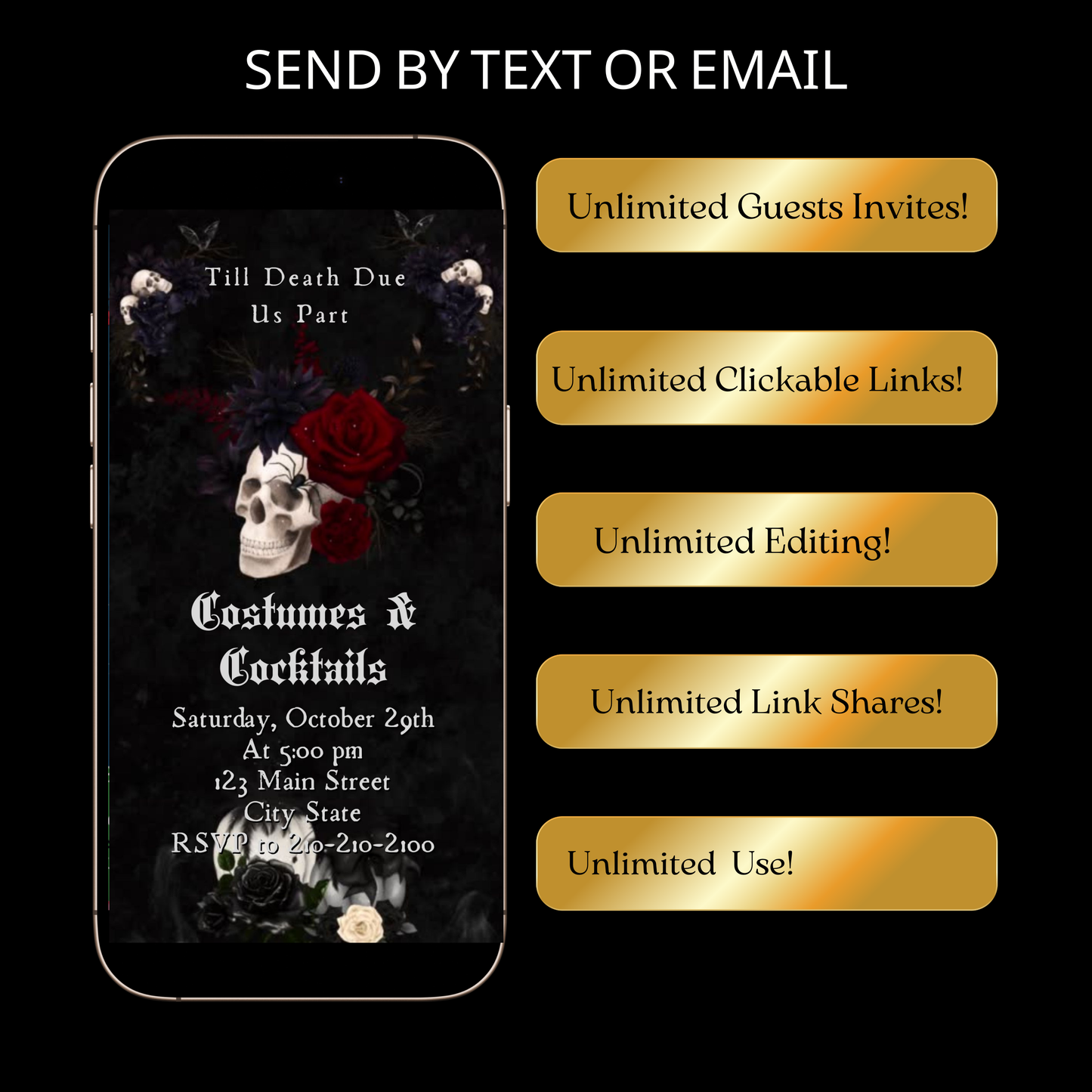 Editable gothic halloween wedding party wedding video invitation displayed on a mobile phone, featuring an animated vertical digital invite with music, created in Canva. This premium video invitation template is designed for sharing by text, email, and social media and works with an interactive RSVP website for easy guest response tracking.