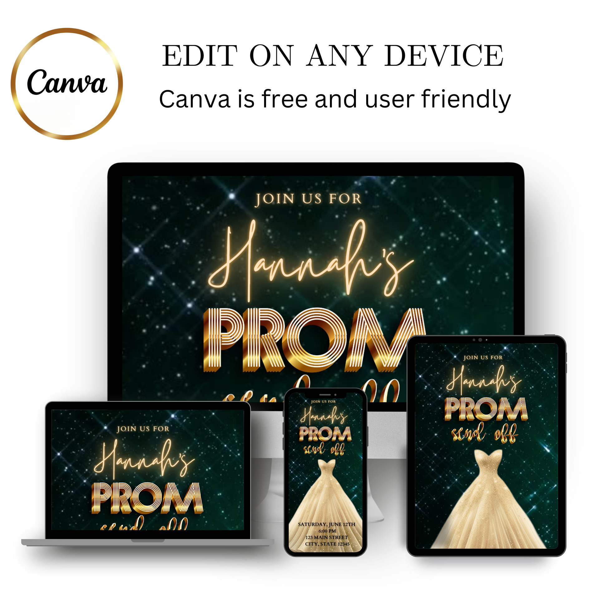 Editable emerald green gold prom send off video invitation displayed on a mobile phone, featuring an animated vertical digital invite with music, created in Canva. This premium video invitation template is designed for sharing by text, email, and social media and works with an interactive RSVP website for easy guest response tracking.
