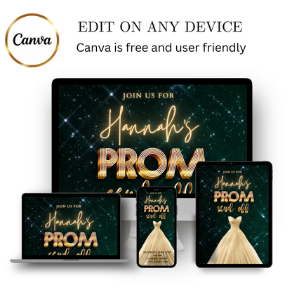 Editable emerald green gold prom send off video invitation displayed on a mobile phone, featuring an animated vertical digital invite with music, created in Canva. This premium video invitation template is designed for sharing by text, email, and social media and works with an interactive RSVP website for easy guest response tracking.