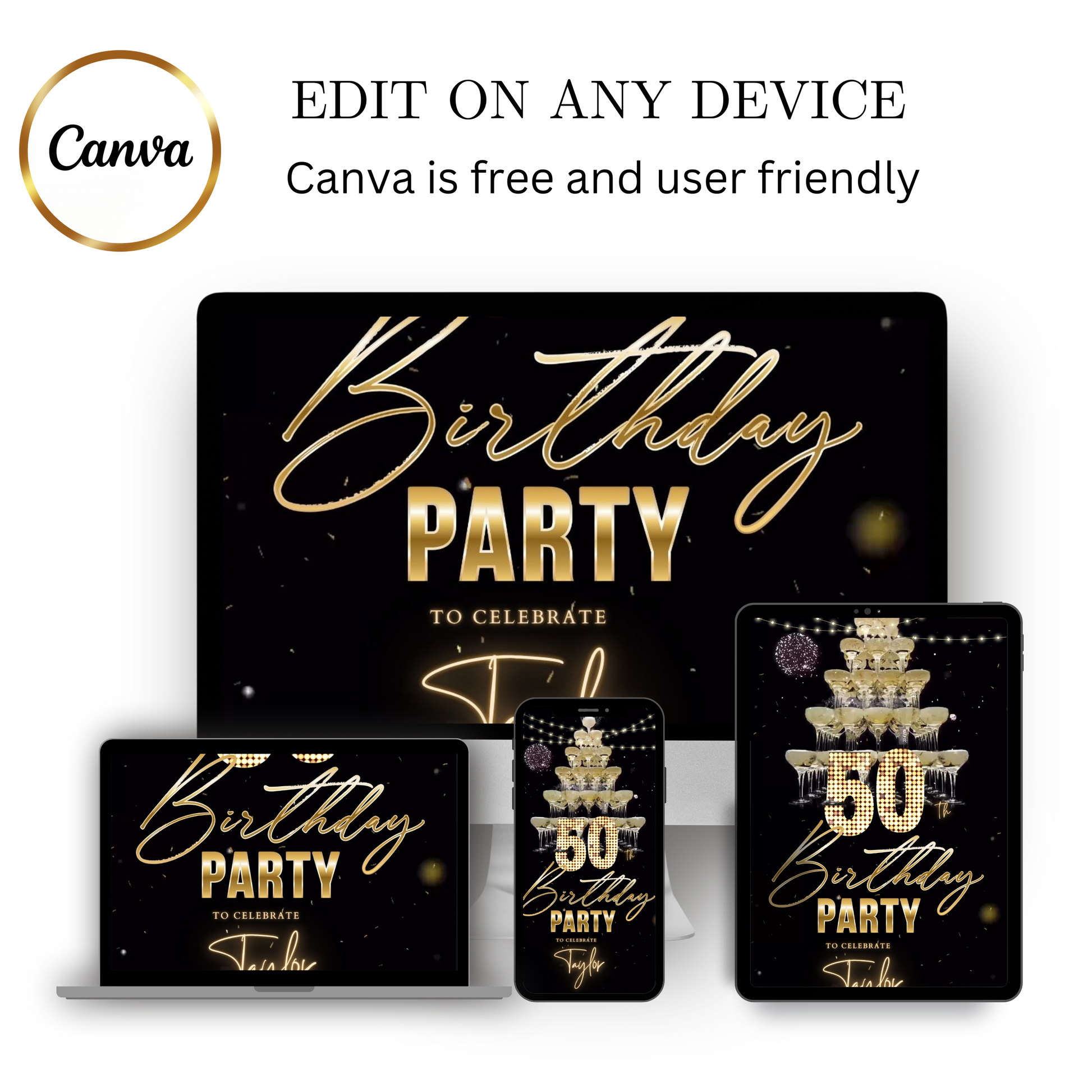 Editable champagne tower gold 50th birthday video invitation displayed on a mobile phone, featuring an animated vertical digital invite with music, created in Canva. This premium video invitation template is designed for sharing by text, email, and social media and works with an interactive RSVP website for easy guest response tracking.