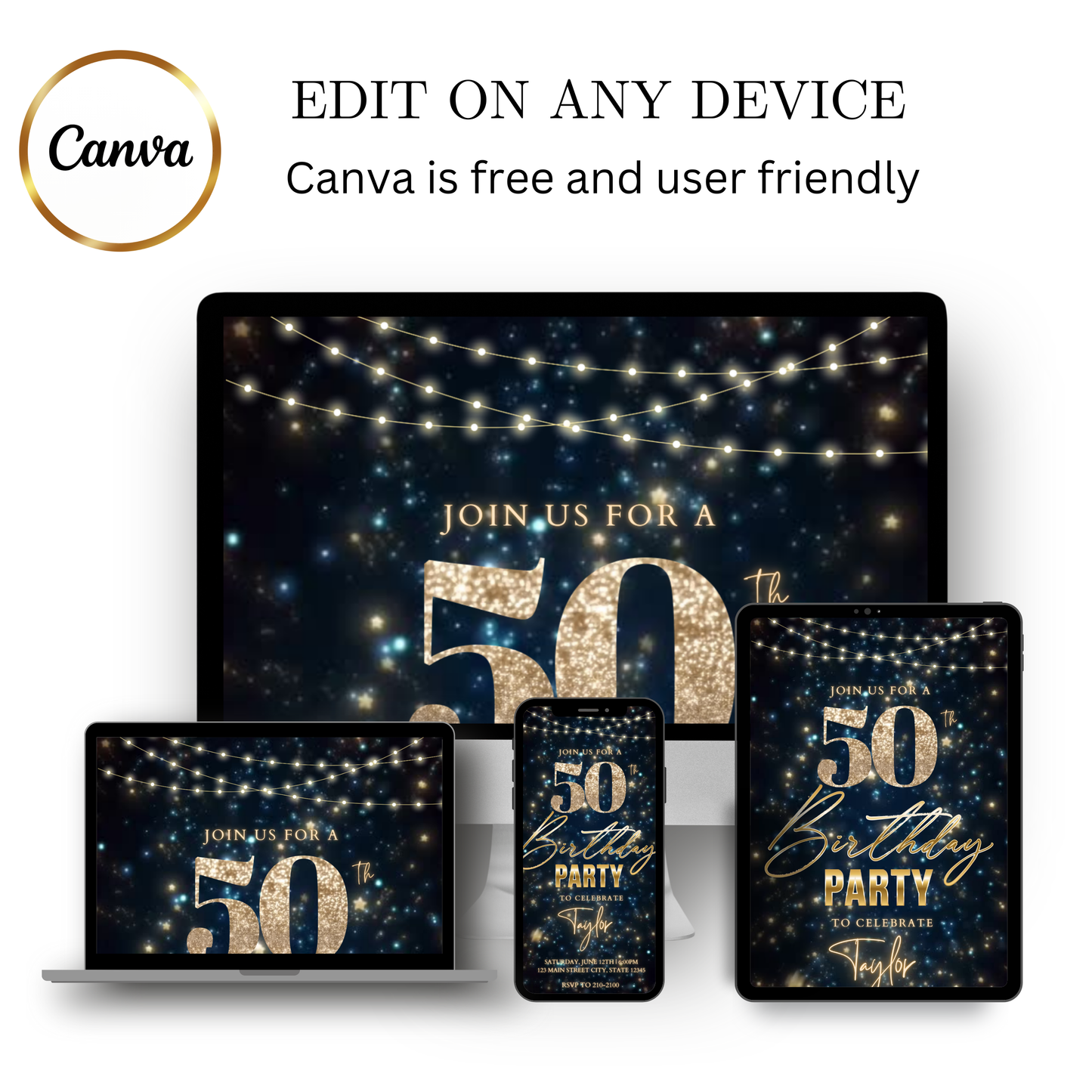 Editable starry gold 50th birthday video invitation displayed on a mobile phone, featuring an animated vertical digital invite with music, created in Canva. This premium video invitation template is designed for sharing by text, email, and social media and works with an interactive RSVP website for easy guest response tracking.
