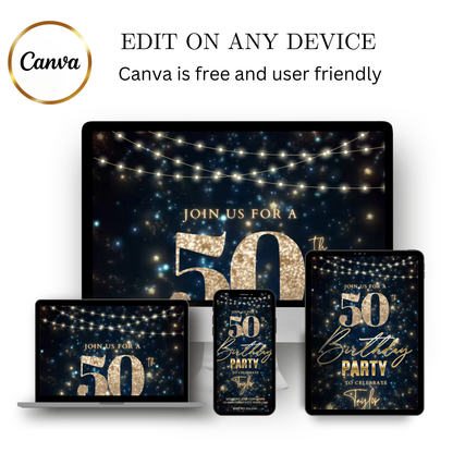 Editable starry gold 50th birthday video invitation displayed on a mobile phone, featuring an animated vertical digital invite with music, created in Canva. This premium video invitation template is designed for sharing by text, email, and social media and works with an interactive RSVP website for easy guest response tracking.