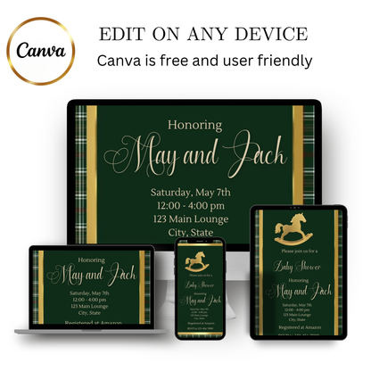 Editable green ralph lauren polo baby shower video invitation displayed on a mobile phone, featuring an animated vertical digital invite with music, created in Canva. This premium video invitation template is designed for sharing by text, email, and social media and works with an interactive RSVP website for easy guest response tracking.