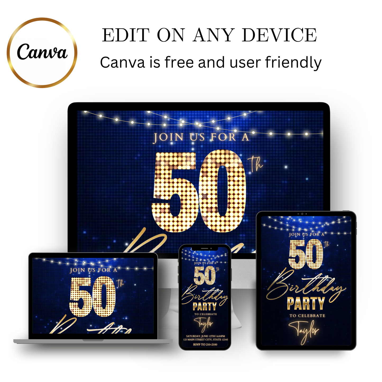 Editable gold disco ball 50th birthday video invitation displayed on a mobile phone, featuring an animated vertical digital invite with music, created in Canva. This premium video invitation template is designed for sharing by text, email, and social media and works with an interactive RSVP website for easy guest response tracking.