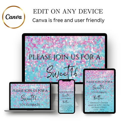 Editable pink and blue watercolor glitter sweet 16 birthday dinner video invitation displayed on a mobile phone, featuring an animated vertical digital invite with music, created in Canva. This premium video invitation template is designed for sharing by text, email, and social media and works with an interactive RSVP website for easy guest response tracking.