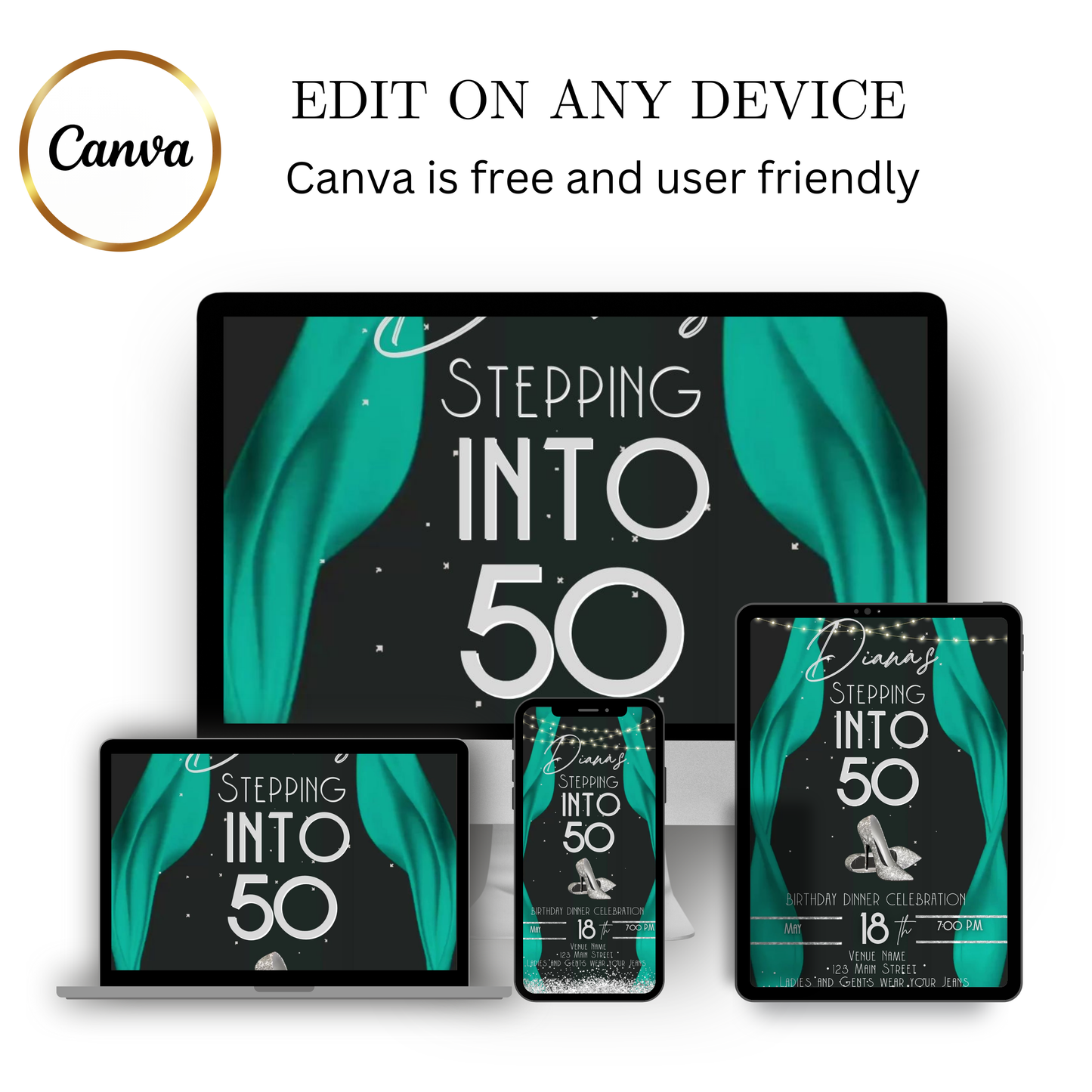 Editable teal red carpet 50th birthday video invitation displayed on a mobile phone, featuring an animated vertical digital invite with music, created in Canva. This premium video invitation template is designed for sharing by text, email, and social media and works with an interactive RSVP website for easy guest response tracking.