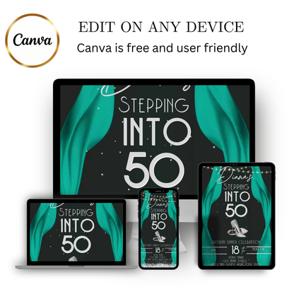 Editable teal red carpet 50th birthday video invitation displayed on a mobile phone, featuring an animated vertical digital invite with music, created in Canva. This premium video invitation template is designed for sharing by text, email, and social media and works with an interactive RSVP website for easy guest response tracking.