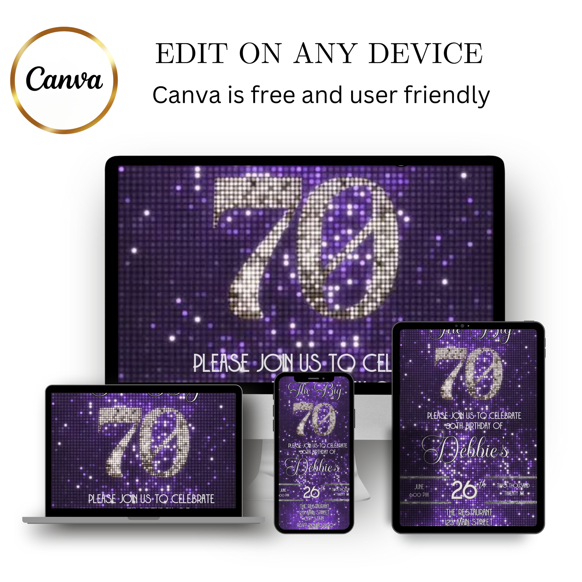 Editable purple sequin 70th birthday video invitation displayed on a mobile phone, featuring an animated vertical digital invite with music, created in Canva. This premium video invitation template is designed for sharing by text, email, and social media and works with an interactive RSVP website for easy guest response tracking.