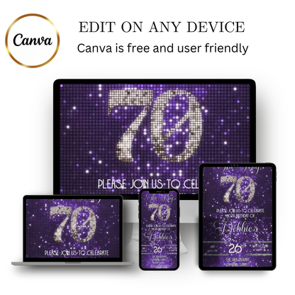 Editable purple sequin 70th birthday video invitation displayed on a mobile phone, featuring an animated vertical digital invite with music, created in Canva. This premium video invitation template is designed for sharing by text, email, and social media and works with an interactive RSVP website for easy guest response tracking.