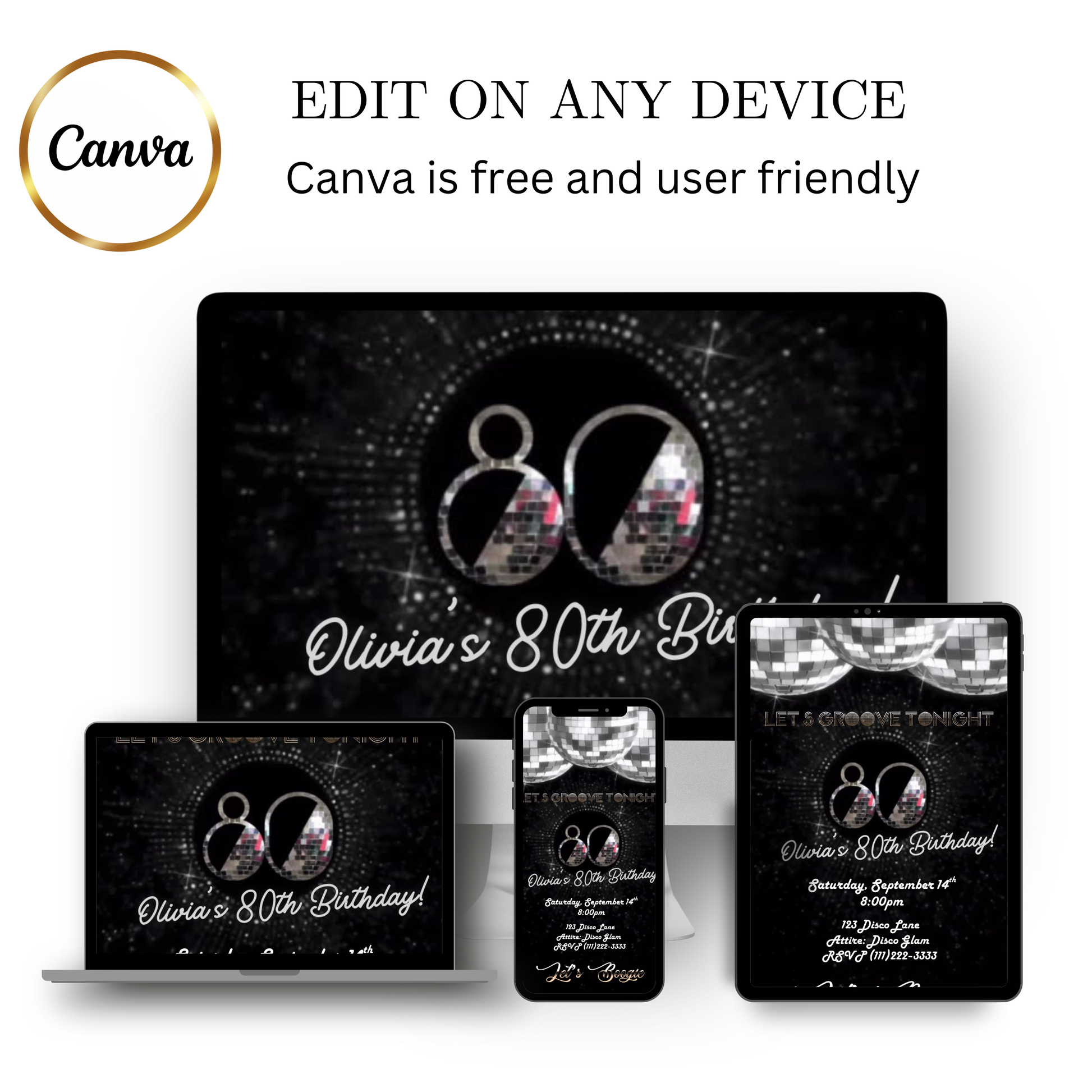 Editable silver disco 80th birthday video invitation displayed on a mobile phone, featuring an animated vertical digital invite with music, created in Canva. This premium video invitation template is designed for sharing by text, email, and social media and works with an interactive RSVP website for easy guest response tracking.