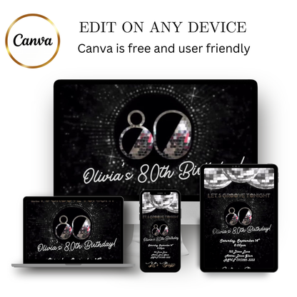 Editable silver disco 80th birthday video invitation displayed on a mobile phone, featuring an animated vertical digital invite with music, created in Canva. This premium video invitation template is designed for sharing by text, email, and social media and works with an interactive RSVP website for easy guest response tracking.
