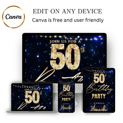 Editable blue starry lights 50th birthday video invitation displayed on a mobile phone, featuring an animated vertical digital invite with music, created in Canva. This premium video invitation template is designed for sharing by text, email, and social media and works with an interactive RSVP website for easy guest response tracking.