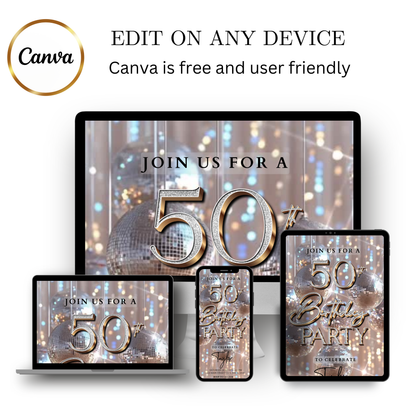 Editable silver disco ball 50th birthday video invitation displayed on a mobile phone, featuring an animated vertical digital invite with music, created in Canva. This premium video invitation template is designed for sharing by text, email, and social media and works with an interactive RSVP website for easy guest response tracking.
