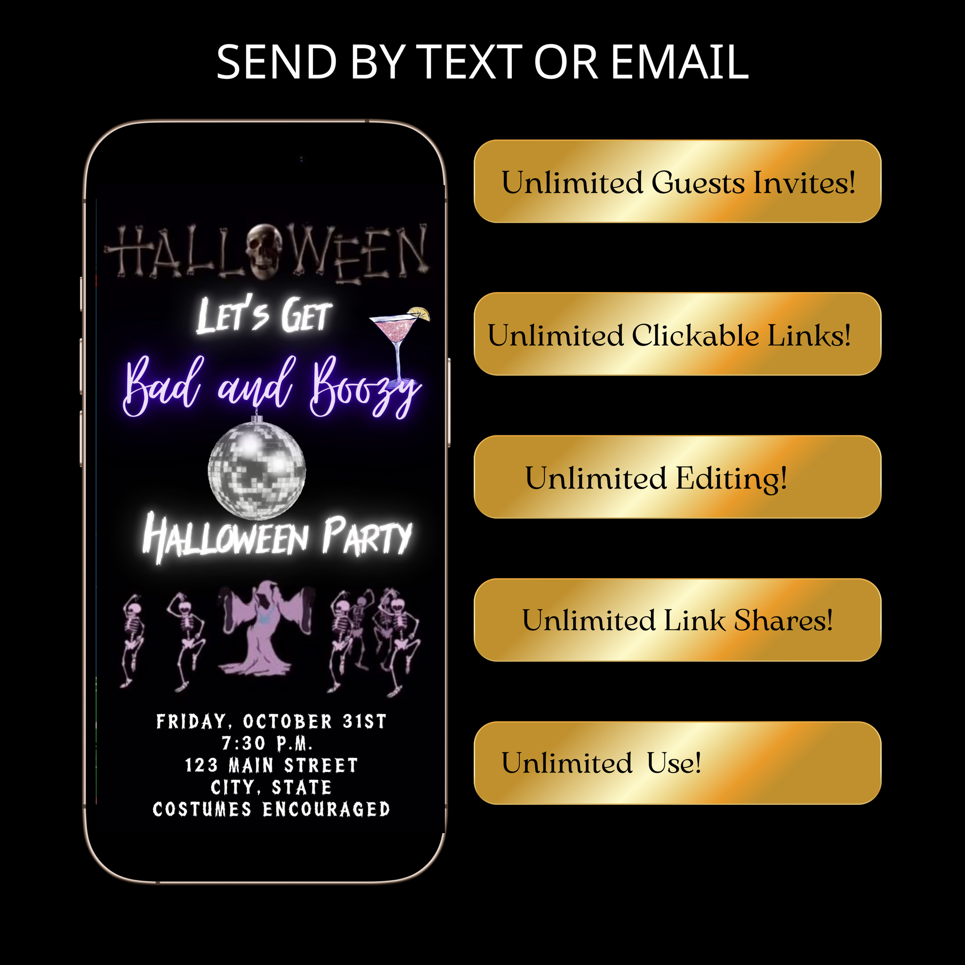 Editable neon boozy halloween party party video invitation displayed on a mobile phone, featuring an animated vertical digital invite with music, created in Canva. This premium video invitation template is designed for sharing by text, email, and social media and works with an interactive RSVP website for easy guest response tracking.