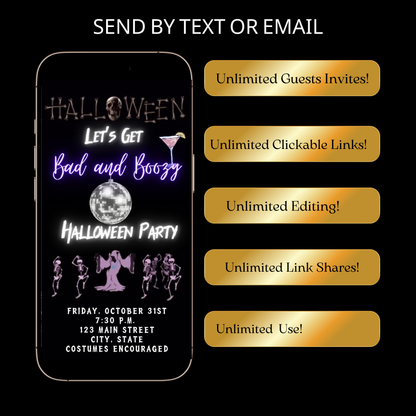 Editable neon boozy halloween party party video invitation displayed on a mobile phone, featuring an animated vertical digital invite with music, created in Canva. This premium video invitation template is designed for sharing by text, email, and social media and works with an interactive RSVP website for easy guest response tracking.