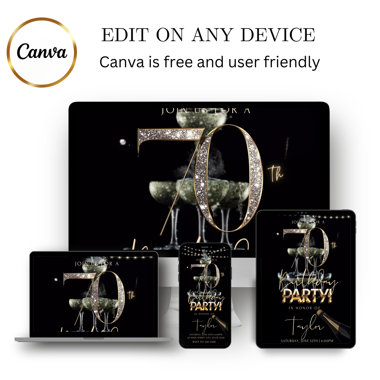 Editable champagne gold 70th birthday video invitation displayed on a mobile phone, featuring an animated vertical digital invite with music, created in Canva. This premium video invitation template is designed for sharing by text, email, and social media and works with an interactive RSVP website for easy guest response tracking.