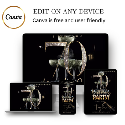 Editable champagne gold 70th birthday video invitation displayed on a mobile phone, featuring an animated vertical digital invite with music, created in Canva. This premium video invitation template is designed for sharing by text, email, and social media and works with an interactive RSVP website for easy guest response tracking.
