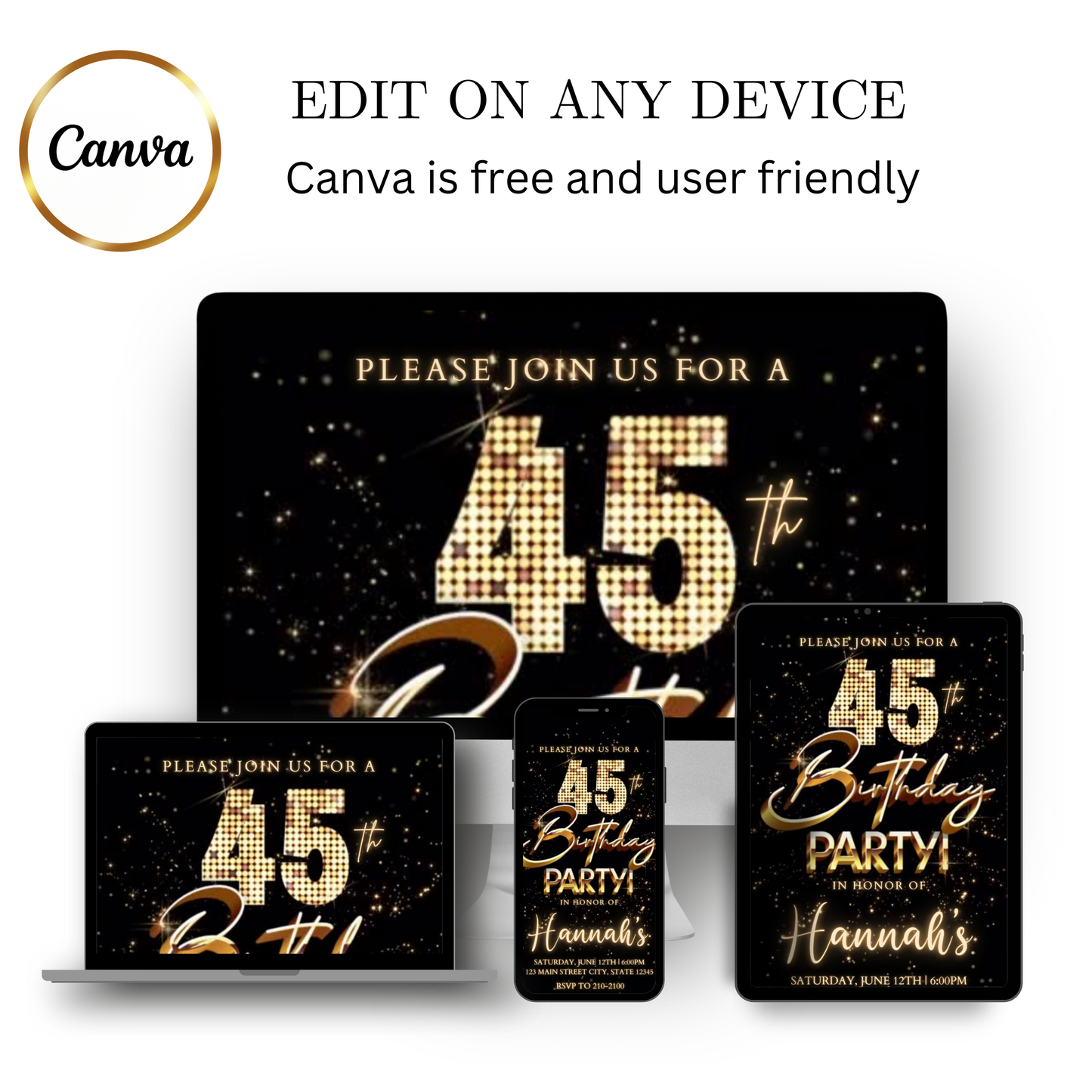 Editable gold fireworks 45th birthday party video invitation displayed on a mobile phone, featuring an animated vertical digital invite with music, created in Canva. This premium video invitation template is designed for sharing by text, email, and social media and works with an interactive RSVP website for easy guest response tracking.