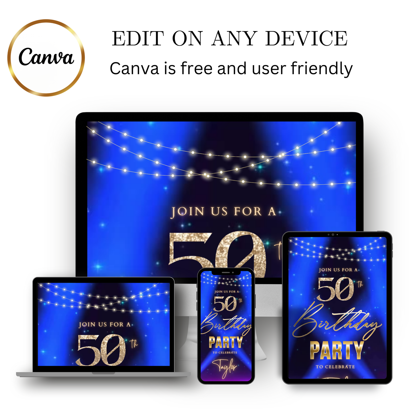 Editable blue spotlight 50th birthday video invitation displayed on a mobile phone, featuring an animated vertical digital invite with music, created in Canva. This premium video invitation template is designed for sharing by text, email, and social media and works with an interactive RSVP website for easy guest response tracking.